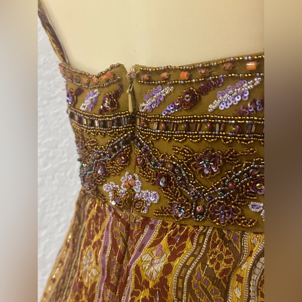 Y2K Vintage Boho Dolce Jovani Silk Beaded Front Slit Earth Tomes Size 4 Dress - Picture 15 of 16